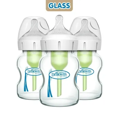 Dr. Brown's Natural Flow Anti-Colic Options+ Wide-Neck Glass Baby Bottle, 5oz, 0m+, 3 Pack