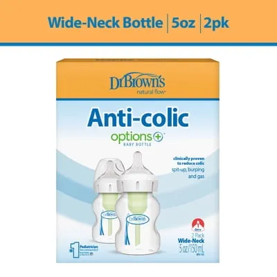 Dr. Brown's Anti-Colic Options + Wide-Neck Baby Bottle, 5 oz/150 ml, Level 1 Nipple, 0m +, 2-Pack