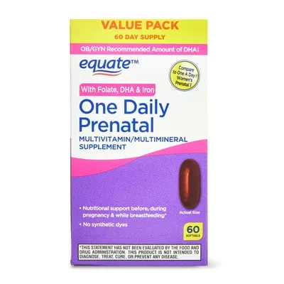 Equate One Daily Prenatal Softgels Multivitamin/Multimineral Supplement, Value Pack, 60 Count, Compare to One A Day® Women’s Prenatal 1