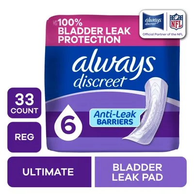 Always Discreet Adult Incontinence Pads for Women, Ultimate Absorbency, Regular Length, Postpartum Pads, 33 Count