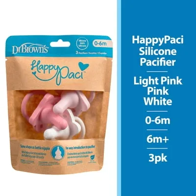 Dr. Brown's HappyPaci 100% Silicone Baby Pacifier 0-6m, BPA Free, White, Pink, Light Pink, 3 Pack