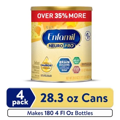 Enfamil NeuroPro Baby Formula, Brain Building Duo DHA & MFGM, Infant Formula Powder, 28.3 oz Can, 4 pack