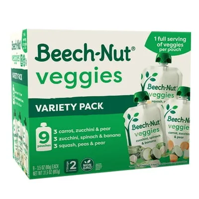 Beech-Nut Veggies Stage 2 Baby Food Pouch Variety Pack, Vegetable & Fruit Puree Pouches, 3.5 oz Pouch (9 Pack)