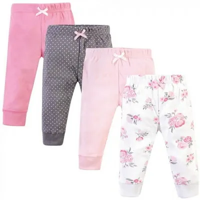 Hudson Baby Infant and Toddler Girl Cotton Pants 4pk, Basic Pink Floral, 18-24 Months