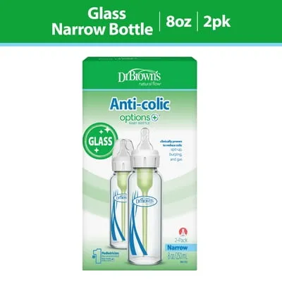 Dr. Brown's Anti-Colic Options+ Narrow Glass Baby Bottle, 8 oz/250 mL, with Level 1 Slow Flow Nipple, BPA Free, 0m+, 2 Pack