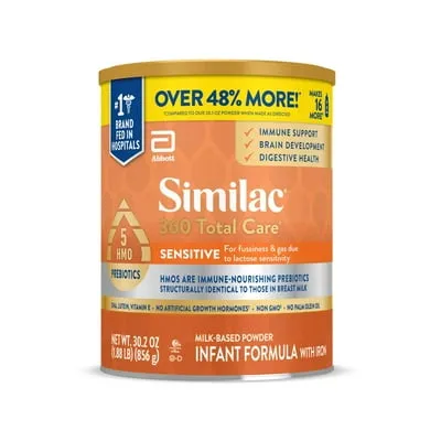 Similac 360 Total Care Sensitive Baby Formula Powder, Has 5 HMO Prebiotics, 30.2-oz Tub